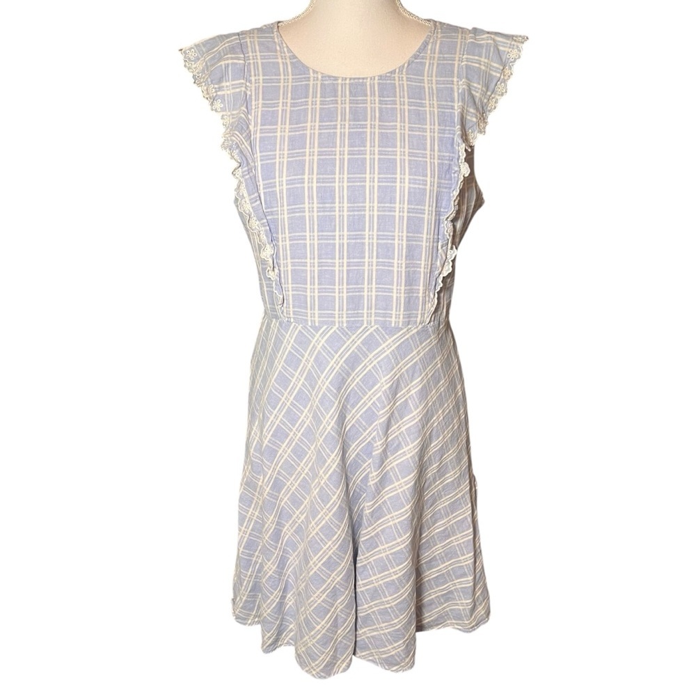 Draper James Linen Blend Embroidered Eyelet Blue White Pinafore Ruffle Dress 12 - Picture 2 of 16